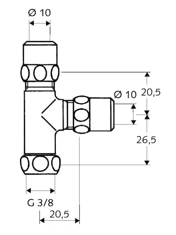 T-Stück, Überwurfmutter G 3/8 IG, 2x Ø 10 mm (DN 10 G 3/8 AG), chrom