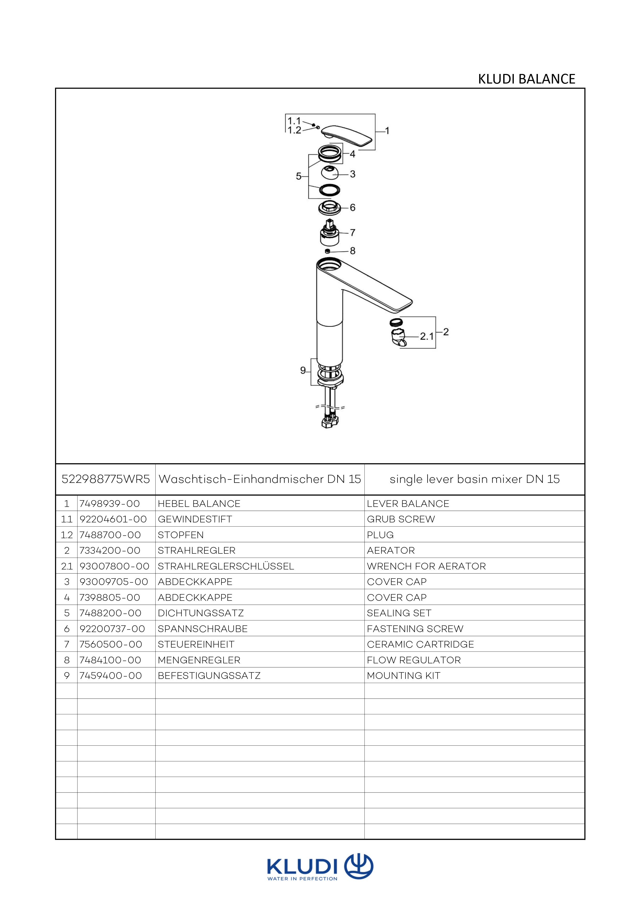 Waschtischarmatur „KLUDI BALANCE“ Ausladung 175 mm