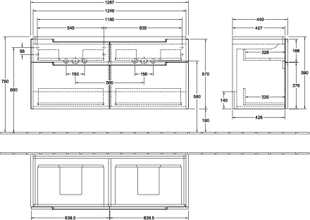 Villeroy & Boch Waschtischunterschrank „Subway 2.0“ 128,7 × 59 × 44,9 × 44,9 cm in Truffle Grey, mittig, ohne Beleuchtung