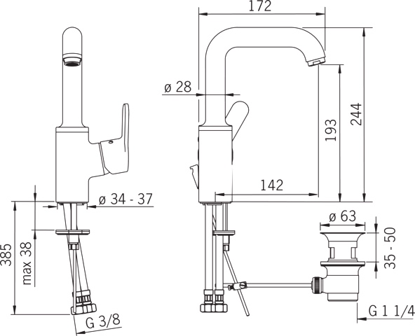 HA Einhebelmischer Waschtischbatterie HANSAPRIMO 4954 Zugstangenablaufgarnitur Ausladung 142 mm DN15 Chrom