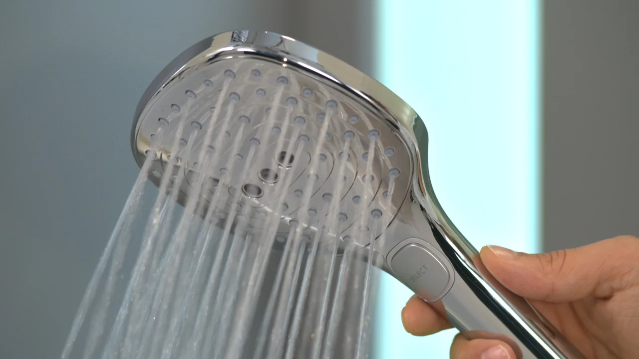 Hansgrohe Handbrause Raindance Select E EcoSmart Chrom, 120 mm Brausekopfgröße, 3 Strahlarten, QuickClean, max. Durchfluss 8,5 l/min bei 3 bar