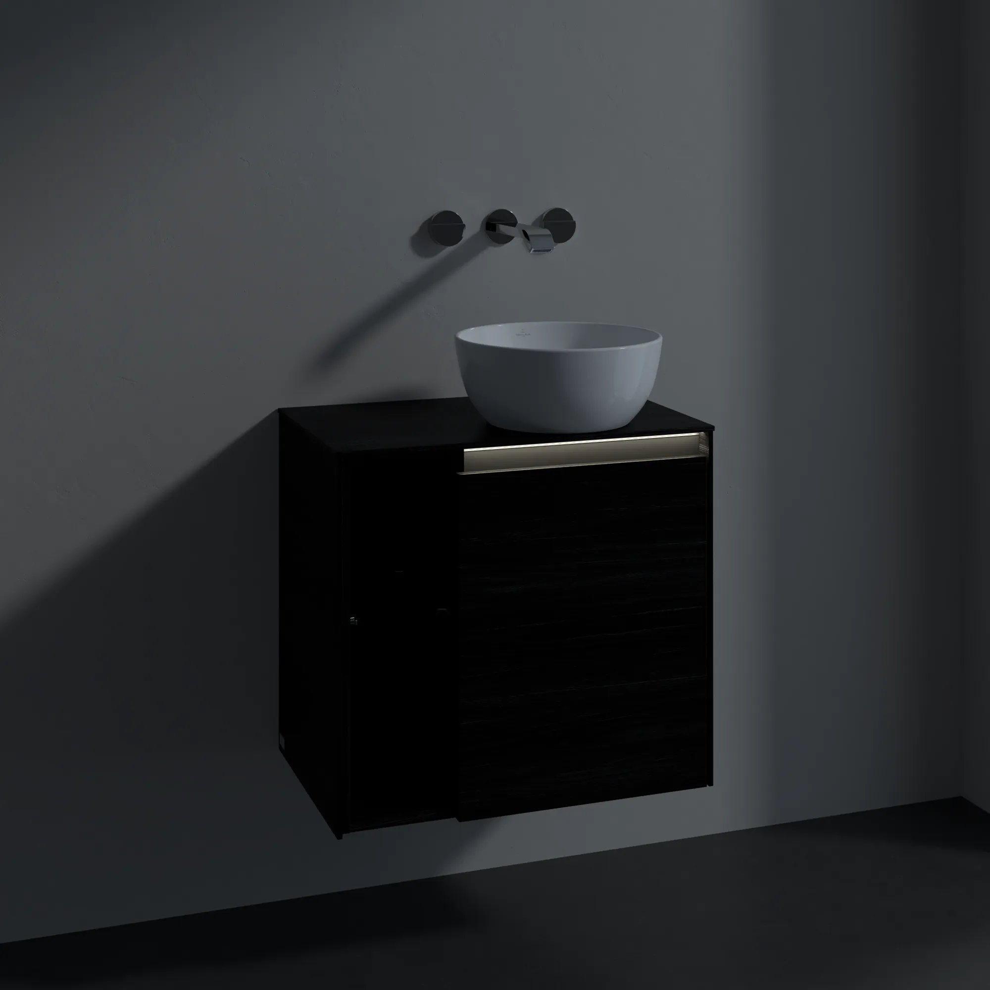 Villeroy & Boch Waschtischunterschrank „Collaro“ 600 × 548 × 380 mm Black Oak, für Becken rechts, Anschlag rechts, mit Beleuchtung Villeroy & Boch Waschtischunterschrank „Collaro“ 600 × 548 × 380 mm Black Oak, für Becken rechts, Anschlag rechts, mit Beleuchtung