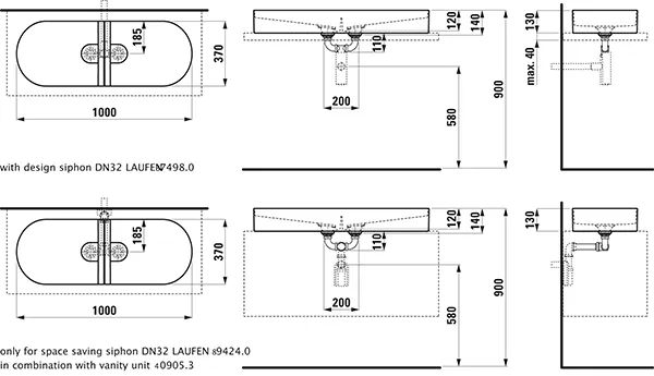 Doppelwaschtisch-Schale SONAR 370x1000x140 ohne Hahnloch ohne Überlauf weiß