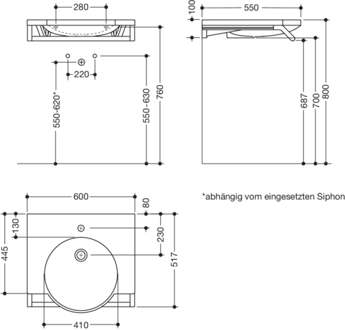 Wandwaschtisch 60 × 58 × 10 cm in Schwarz tiefmatt