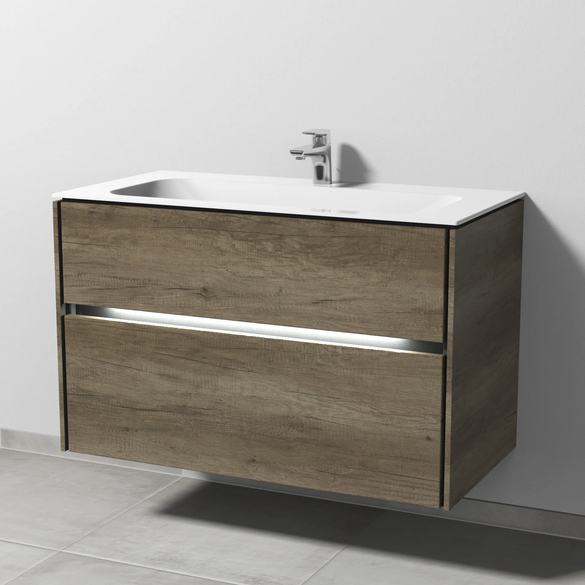 Keramik-Waschtisch-Set mit Waschtischunterschrank „Twiga“ 99 × 50 × 61 cm in Eiche Nebraska, mit Beleuchtung, mit Hahnlochbohrung Keramik-Waschtisch-Set mit Waschtischunterschrank „Twiga“ 99 × 50 × 61 cm in Eiche Nebraska, mit Beleuchtung, mit Hahnlochbohrung