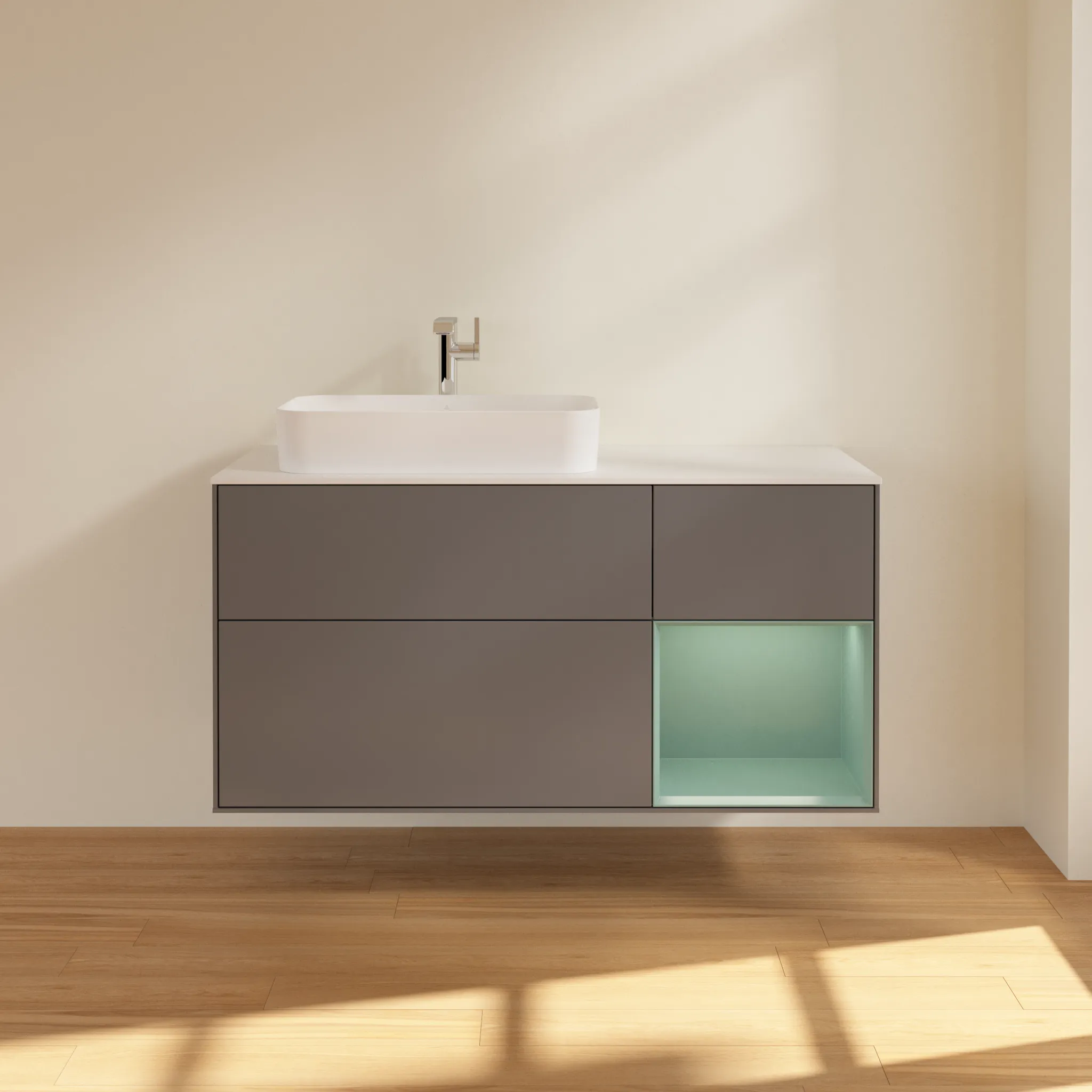 Villeroy & Boch Waschtischunterschrank „Finion“ für Schrankwaschtisch 1200 × 603 × 501 mm Anthracite Matt Lacquer, für Becken links, mit Hahnlochbohrung