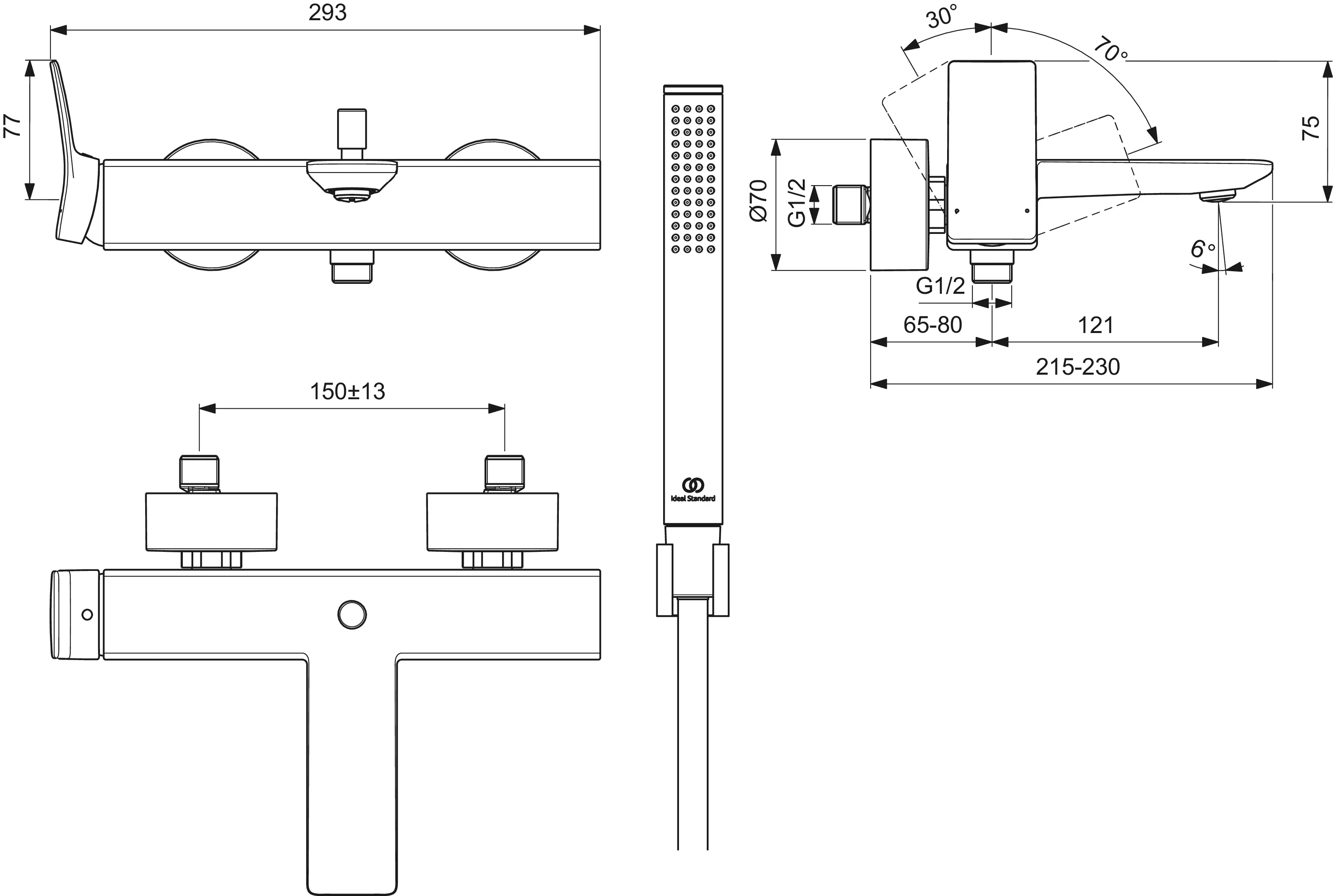 Badearmatur Aufputz Conca, mit Stab-Handbrause, Brauseschlauch und Wandhalter, Brushed Gold Badearmatur Aufputz Conca, mit Stab-Handbrause, Brauseschlauch und Wandhalter, Brushed Gold