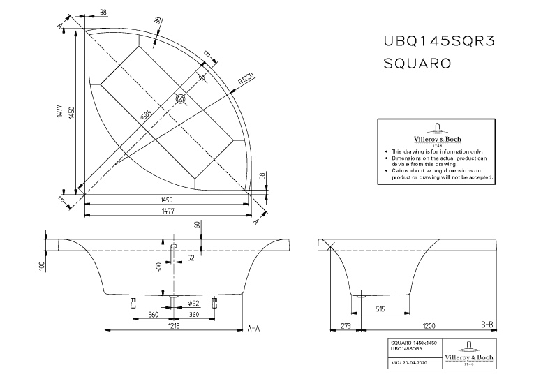 Villeroy & Boch Badewanne „Squaro“ viertelkreis 145 × 145 cm, viertelkreis, Mittelablauf 