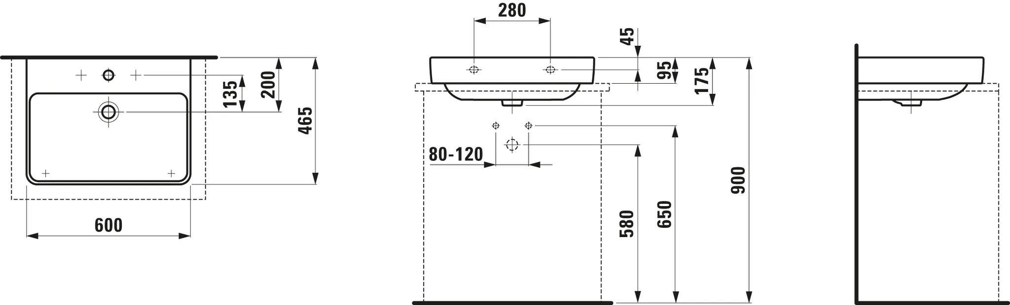 Aufsatzwaschtisch PRO S 465x600x175 1 Hahnloch mit Überlauf weiß