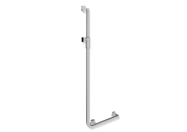 Winkelgriff mit Brausehalter, Edelstahl, verchromt, waagerechte Länge 450 mm, senkrechte Länge 1250 mm, D: 32 mm, Ausführung rechts, mit magnetischem Brausehalter Winkelgriff mit Brausehalter, Edelstahl, verchromt, waagerechte Länge 450 mm, senkrechte Länge 1250 mm, D: 32 mm, Ausführung rechts, mit magnetischem Brausehalter