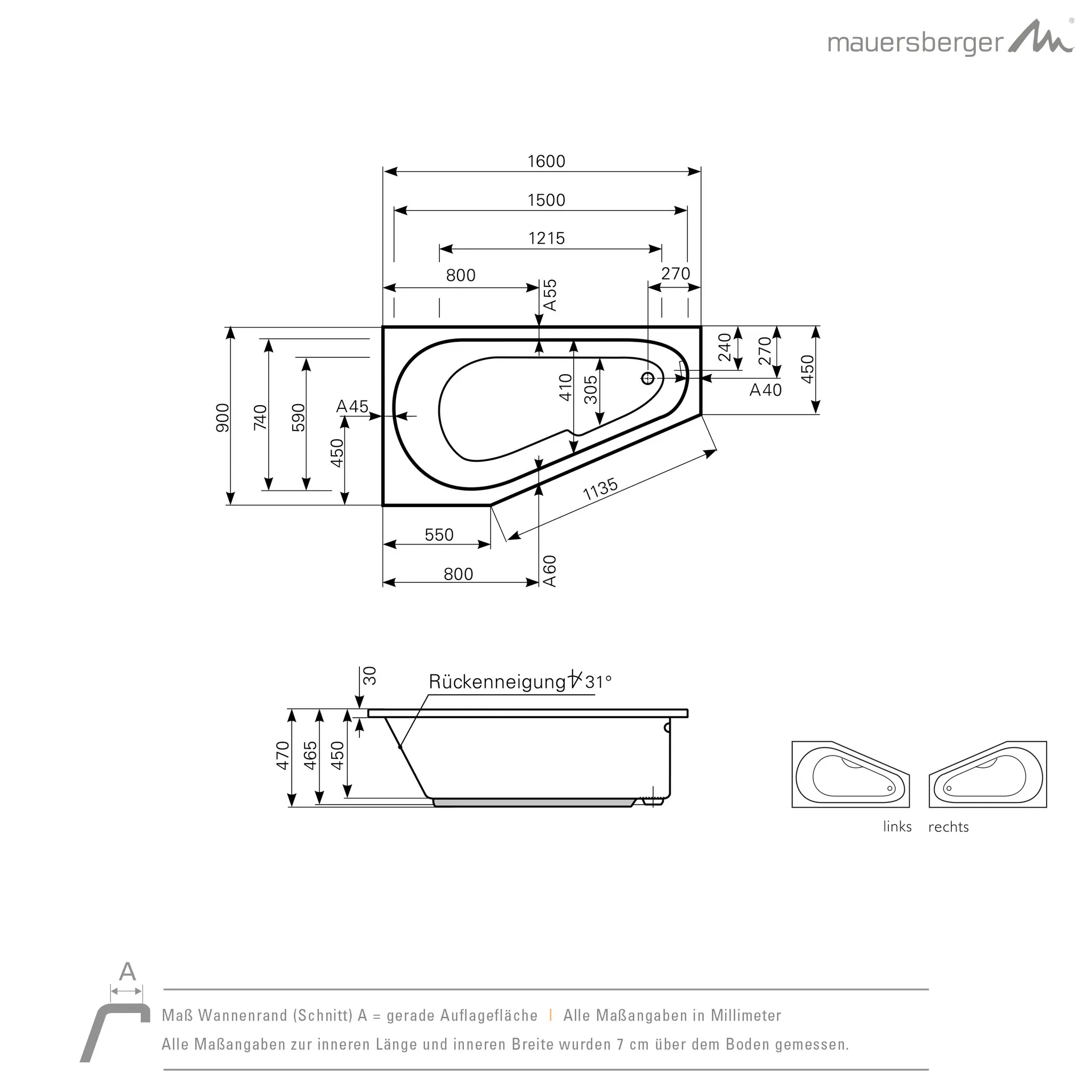 Mauersberger stricta Acryl-Badewanne stricta 160/90 rechts, 1600x900x470, weiß Mauersberger stricta Acryl-Badewanne stricta 160/90 rechts, 1600x900x470, weiß