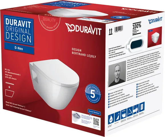 Duravit Wand-Tiefspül-WC inkl. WC-Sitz „D-Neo“ 37 × 54 × 40 cm, Befestigung sichtbar, ohne Spülrand Duravit Wand-Tiefspül-WC inkl. WC-Sitz „D-Neo“ 37 × 54 × 40 cm, Befestigung sichtbar, ohne Spülrand
