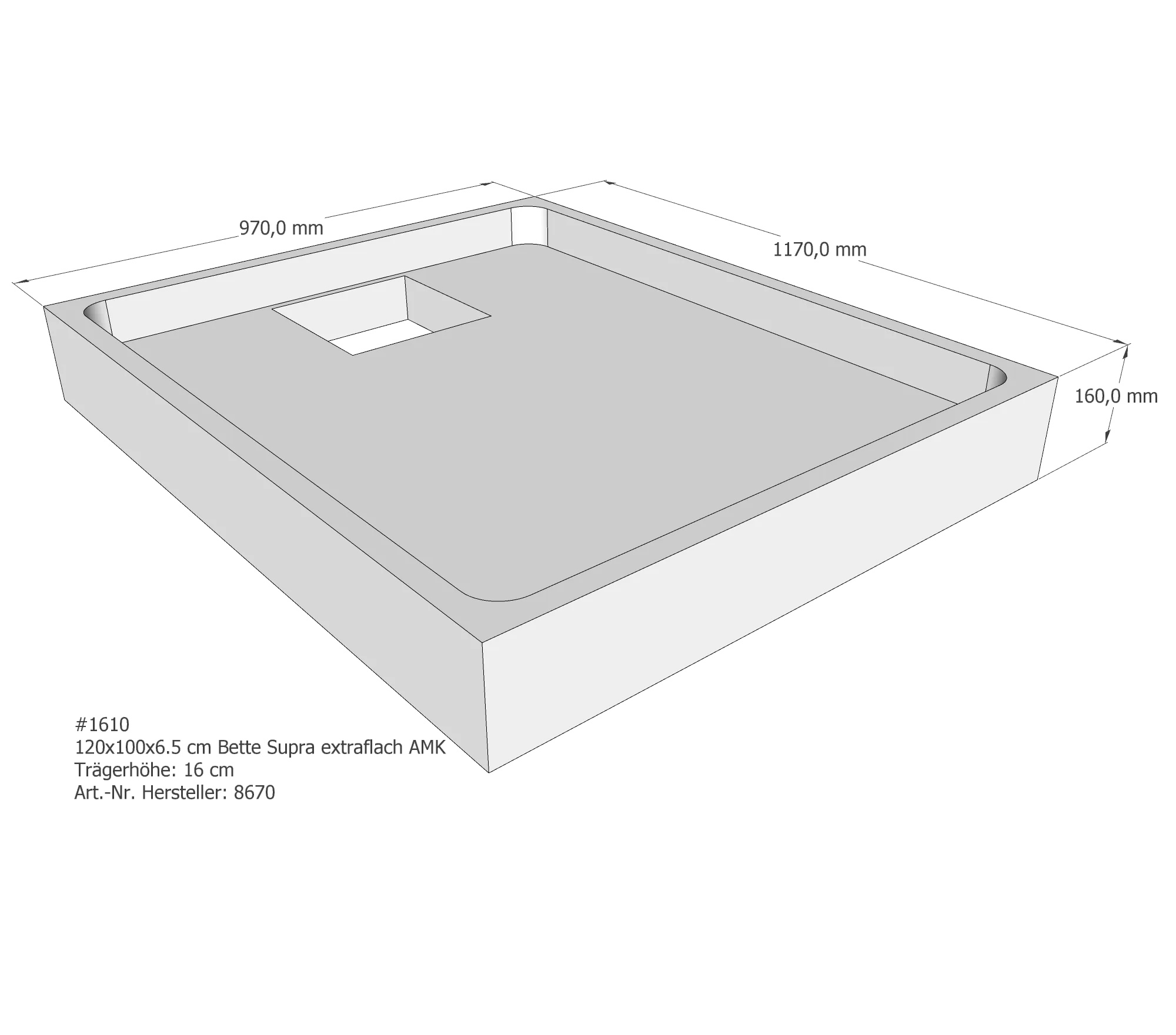 Duschwannenträger für Bette Supra (extraflach) 120 × 100 × 6,5 cm Breite: 100 cm / Länge: 120 cm