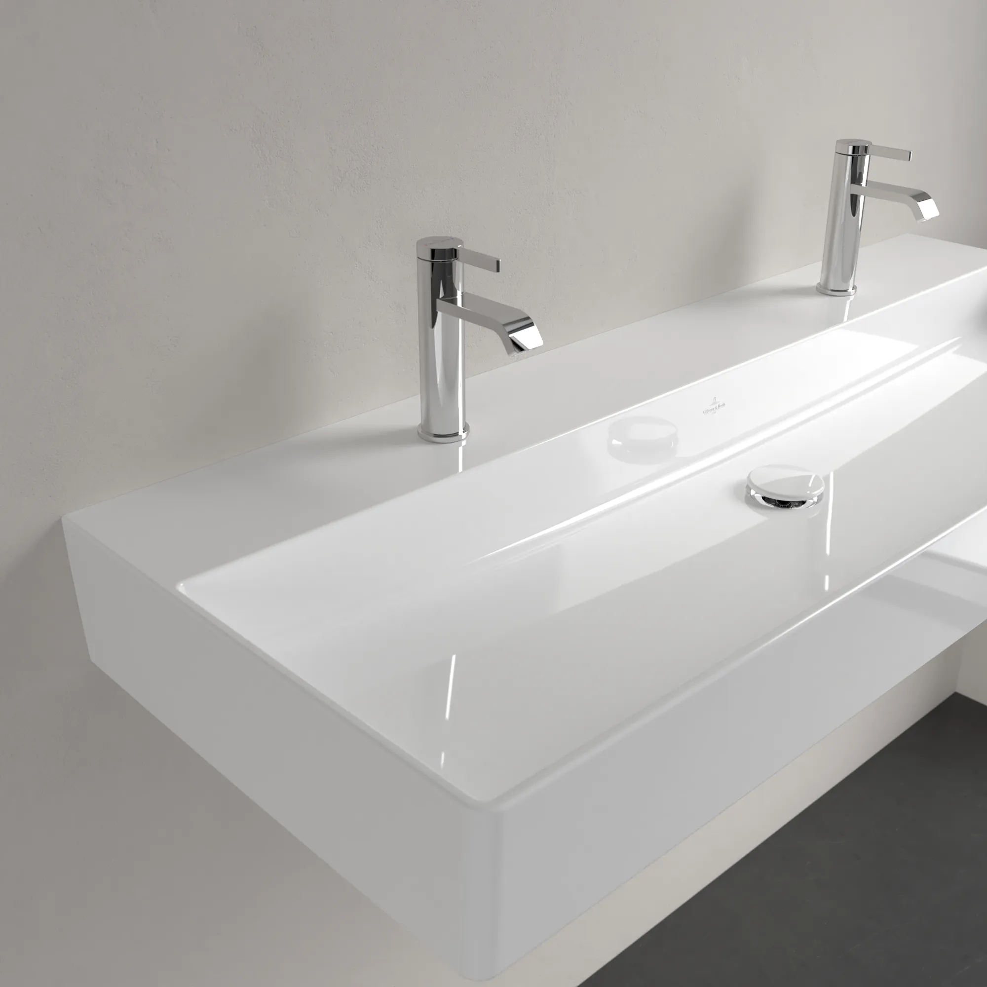 Villeroy & Boch Wandwaschtisch aus TitanCeram „Memento 2.0“ 1200 × 470 × 150 mm, Hahnlochposition links und rechts, mit Hahnlochbohrung in Weiß Alpin Villeroy & Boch Wandwaschtisch aus TitanCeram „Memento 2.0“ 1200 × 470 × 150 mm, Hahnlochposition links und rechts, mit Hahnlochbohrung in Weiß Alpin