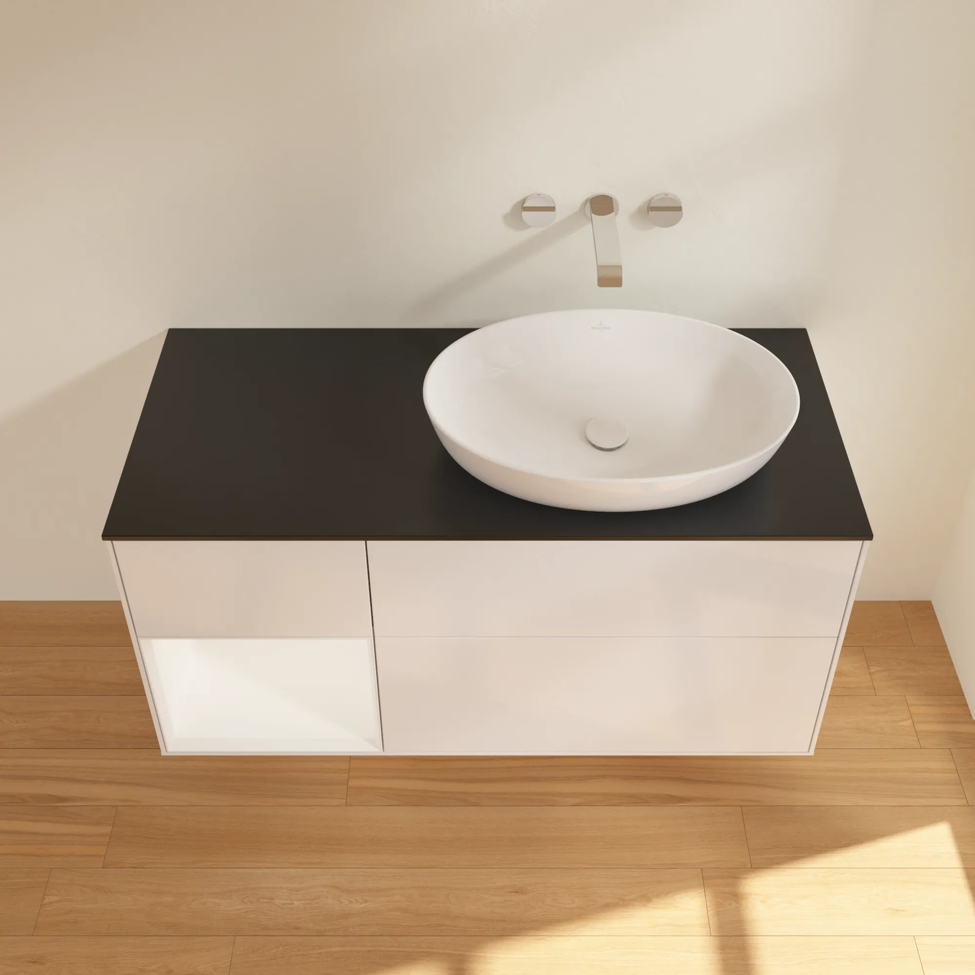 Villeroy & Boch Finion FA4 Waschbeckenunterschrank, 1200x603x501mm, Glossy White Lacquer/White Matt Lacquer/Glass Black Matt