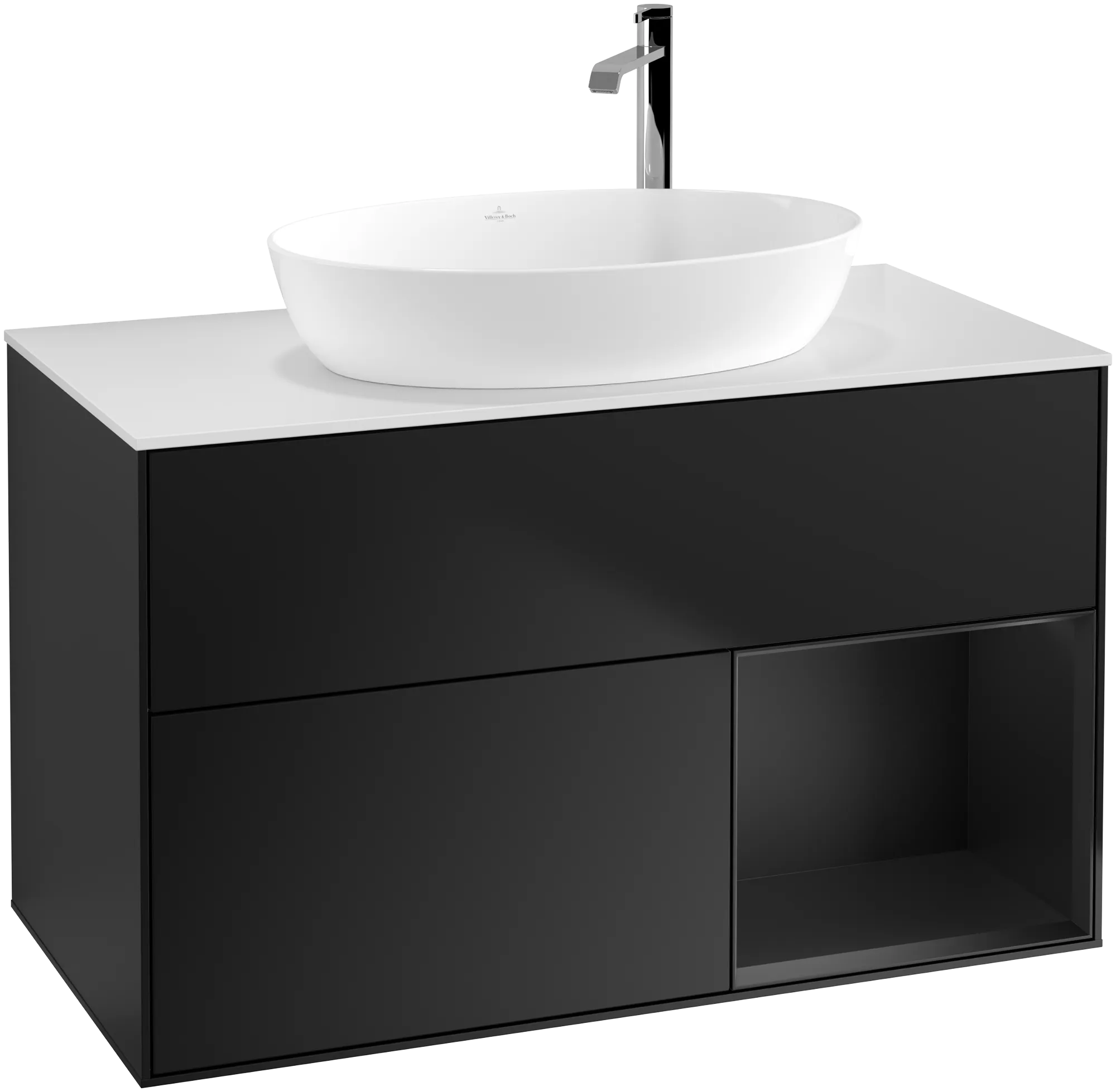 Villeroy & Boch Finion Waschbeckenunterschrank F90, 1000 x 603 x 501 mm, Black Matt Lacquer / Glass White Matt