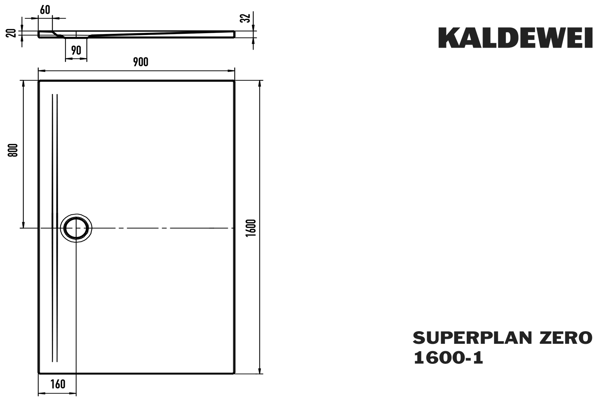 Kaldewei SUPERPLAN ZERO Duschfläche, alpinweiß, 900 x 1600 mm, bodeneben, 3-seitig begehbar