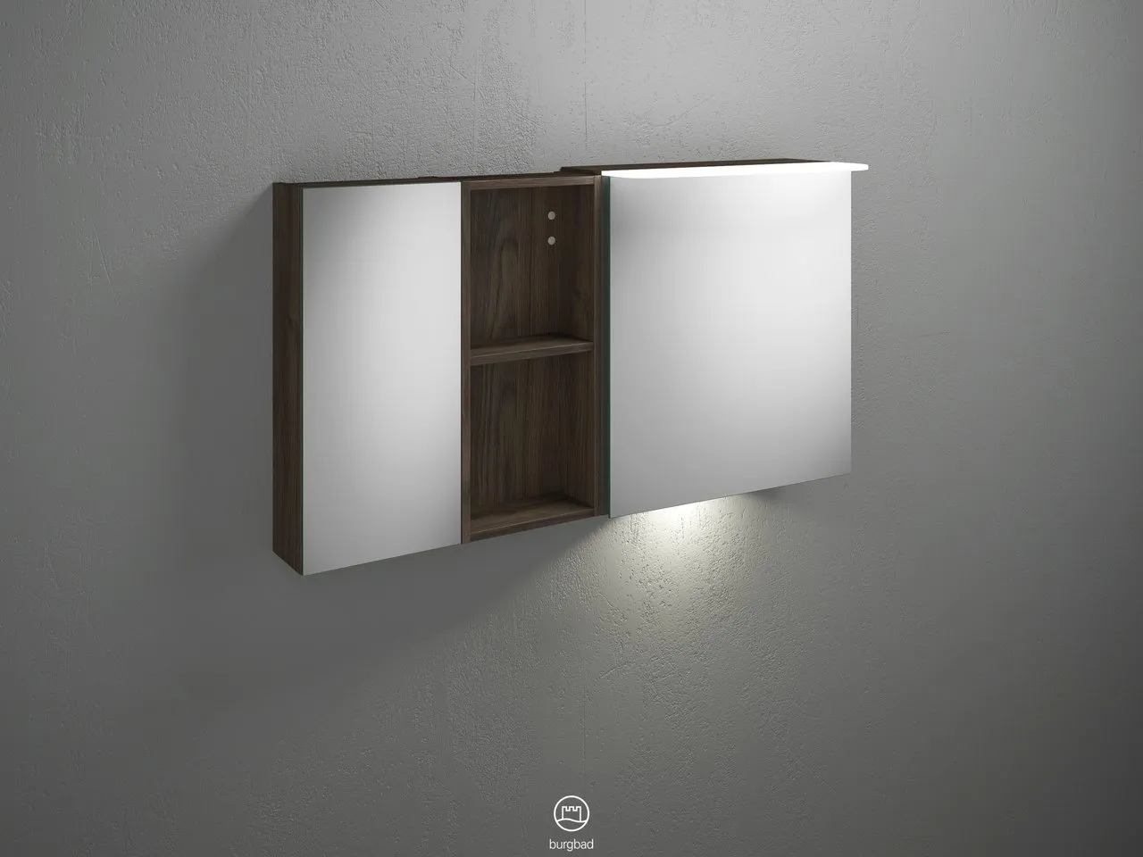 Badu Spiegelschrank SFUD120 von burgbad - 310 mm tief, 1.200 mm breit, 665 mm hoch, beidseitig verspiegelt mit LED-Aufsatzleuchte und Waschtischbeleuchtung Badu Spiegelschrank SFUD120 von burgbad - 310 mm tief, 1.200 mm breit, 665 mm hoch, beidseitig verspiegelt mit LED-Aufsatzleuchte und Waschtischbeleuchtung