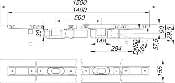 Duschrinne CeraLine Plan F Duo 1400 mm, DN 50