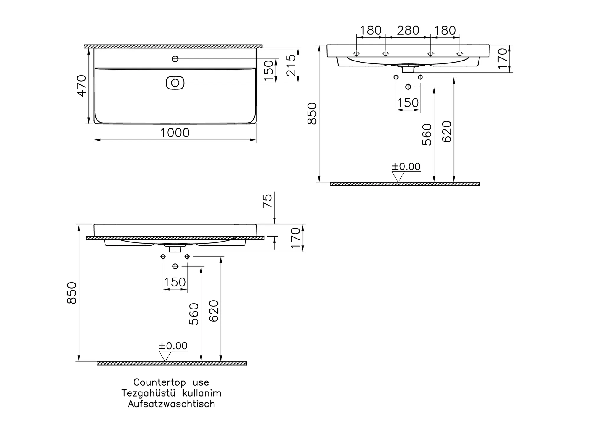 VitrA New Metropole Waschtisch wandgebunden rechteckig 100 x 47 cm mit Hahnloch ohne Überlaufschlitz Steingrau Matt VitrA New Metropole Waschtisch wandgebunden rechteckig 100 x 47 cm mit Hahnloch ohne Überlaufschlitz Steingrau Matt