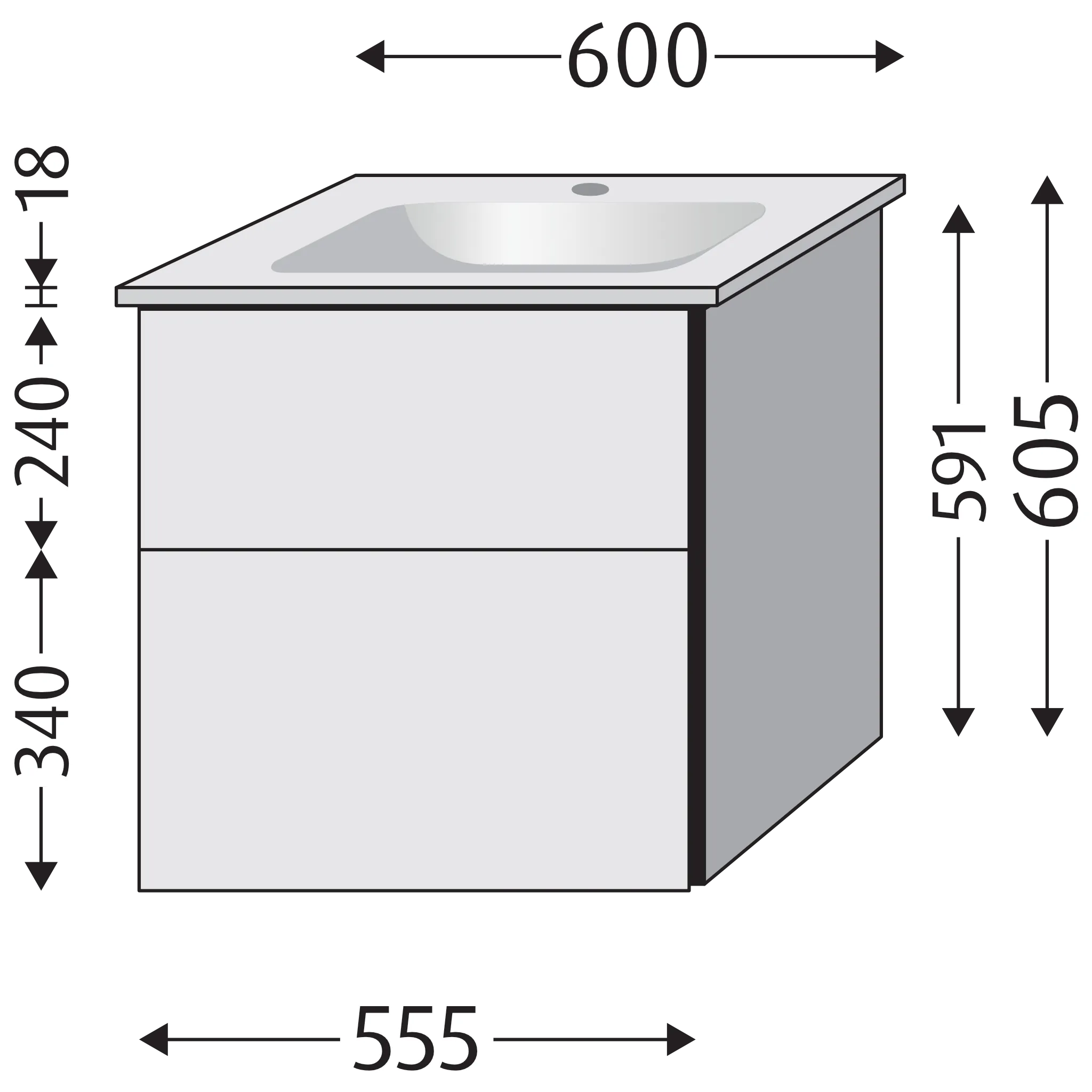 Waschtischunterbau mit Auszügen 3way (BP331) 591x555x477 Graphit-Matt