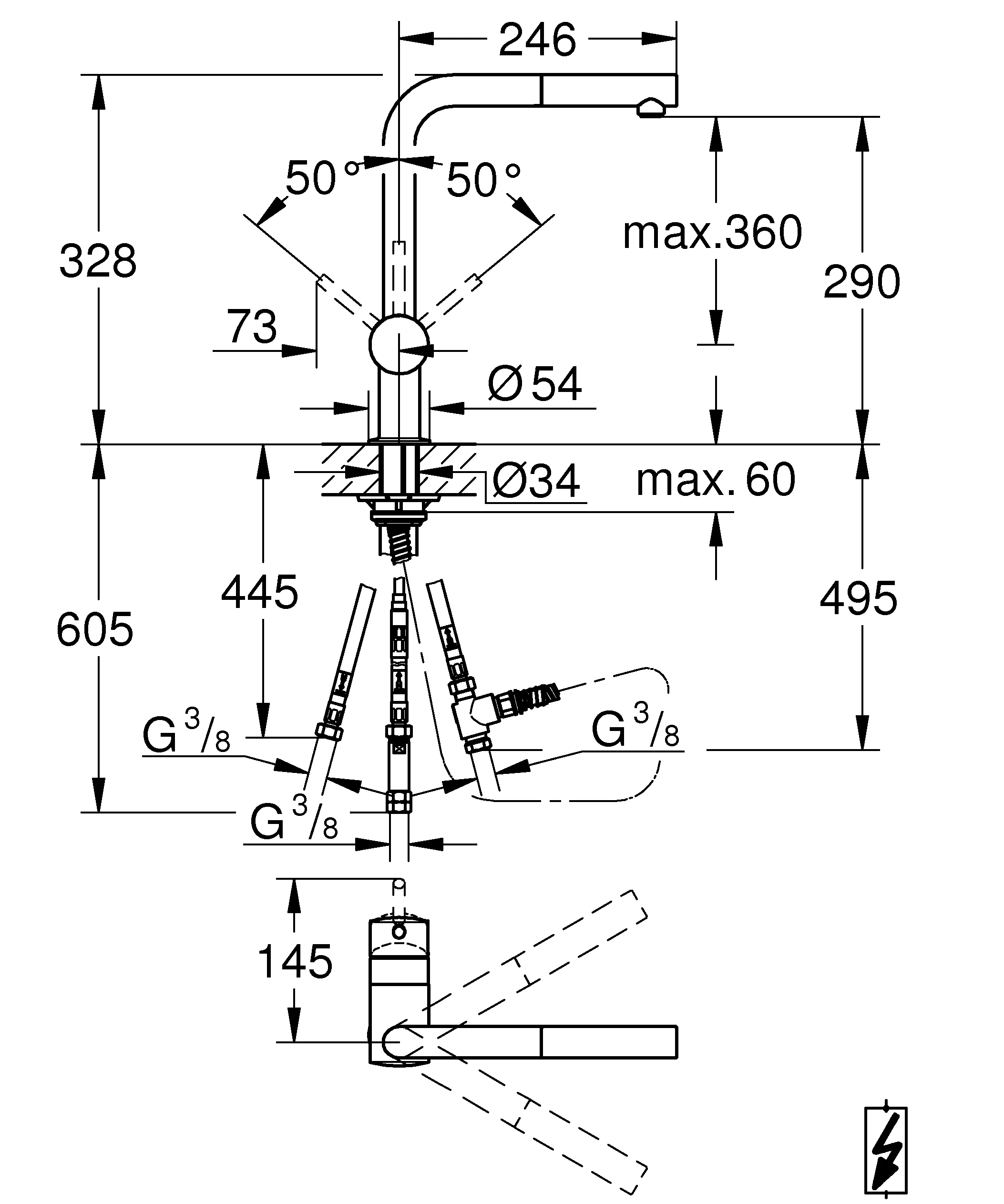 Einhand-Spültischbatterie Minta 31397, L-Auslauf, Einlochmontage, Niederdruck für offene Warmwasserbereiter, herausziehbare Laminarbrause, chrom