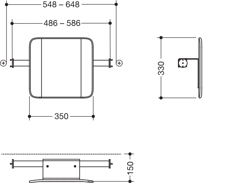 Rückenstütze des Systems 900, Anbindung aus Edelstahl, PVD, Lehne aus Kunststoff, weiß, Achsmaß von 486 bis 586 mm bauseits verstellbar, T: 150 mm, Montage an Stützklappgriffen, Design (A) des Systems 900, in Farbe CK (messing glänzend)