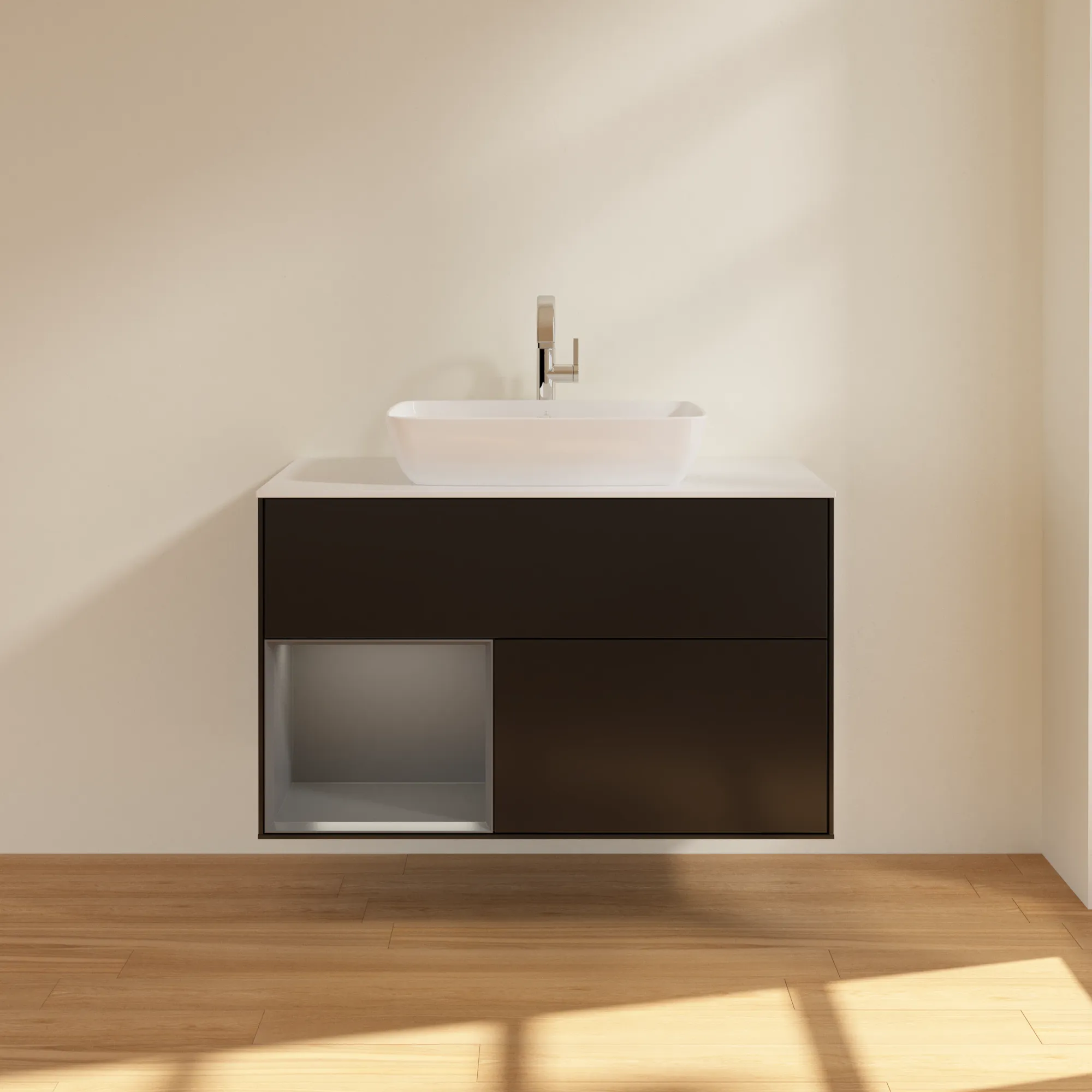 Villeroy & Boch Waschbeckenunterschrank Finion G77, 1000 x 603 x 501 mm, Black Matt Lacquer, mit Beleuchtung und Push-to-open Funktion