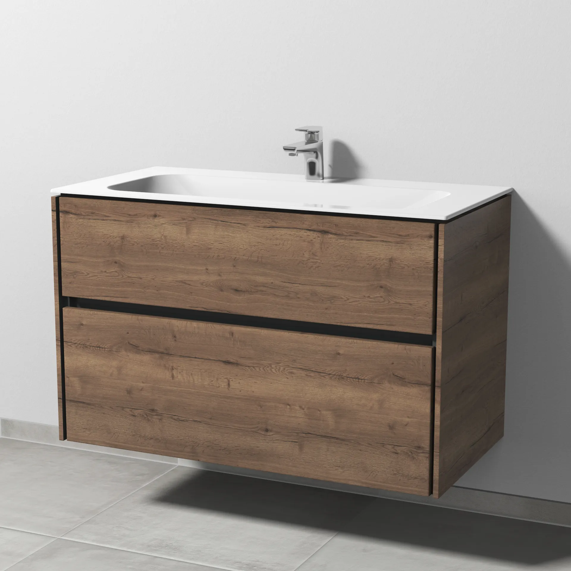 Keramik-Waschtisch-Set mit Waschtischunterschrank „Twiga“ 99 × 50 × 61 cm in Eiche Tabak, ohne Beleuchtung, mit Hahnlochbohrung Keramik-Waschtisch-Set mit Waschtischunterschrank „Twiga“ 99 × 50 × 61 cm in Eiche Tabak, ohne Beleuchtung, mit Hahnlochbohrung