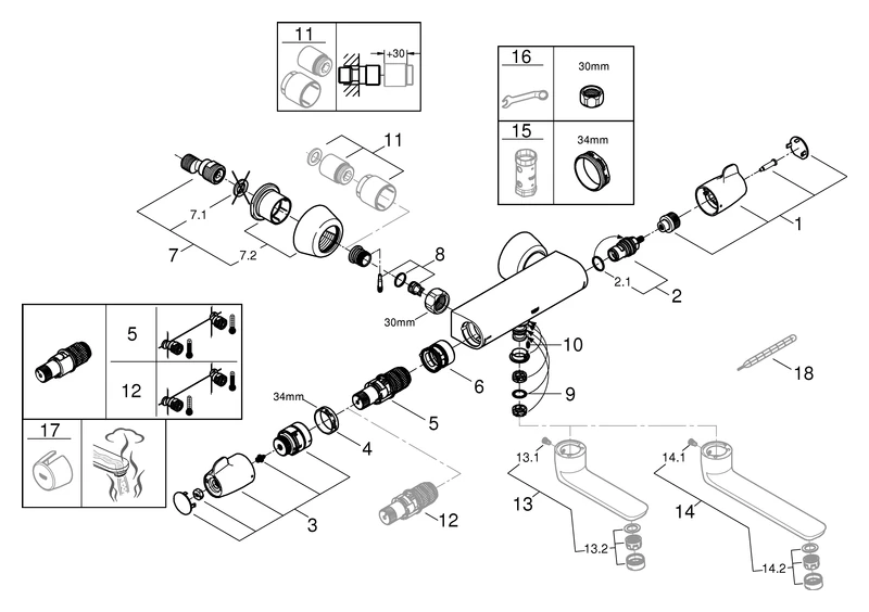 Thermostat-Waschtischbatterie Grohtherm Special 34666, Wandmontage, ohne Auslauf, Abgang unten für Auslauf 13 378 oder 13 380, chrom Thermostat-Waschtischbatterie Grohtherm Special 34666, Wandmontage, ohne Auslauf, Abgang unten für Auslauf 13 378 oder 13 380, chrom