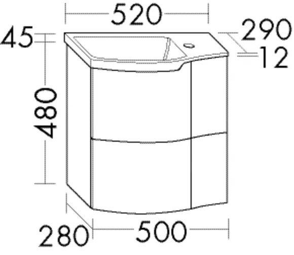 Mineralguss-Waschtisch inkl. Waschtischunterschrank, Mineralguss-Waschtisch;Muldentiefe: 100 mm;Beckenmaß: 360x285 mm;Waschtischunterschrank;1 große Tür mit Tip-On Technik;1 kleine Tür grifflos zu öffnen;inkl. cleanFlow, Tiefe: 290 mm, Breite: 520 mm, Hö