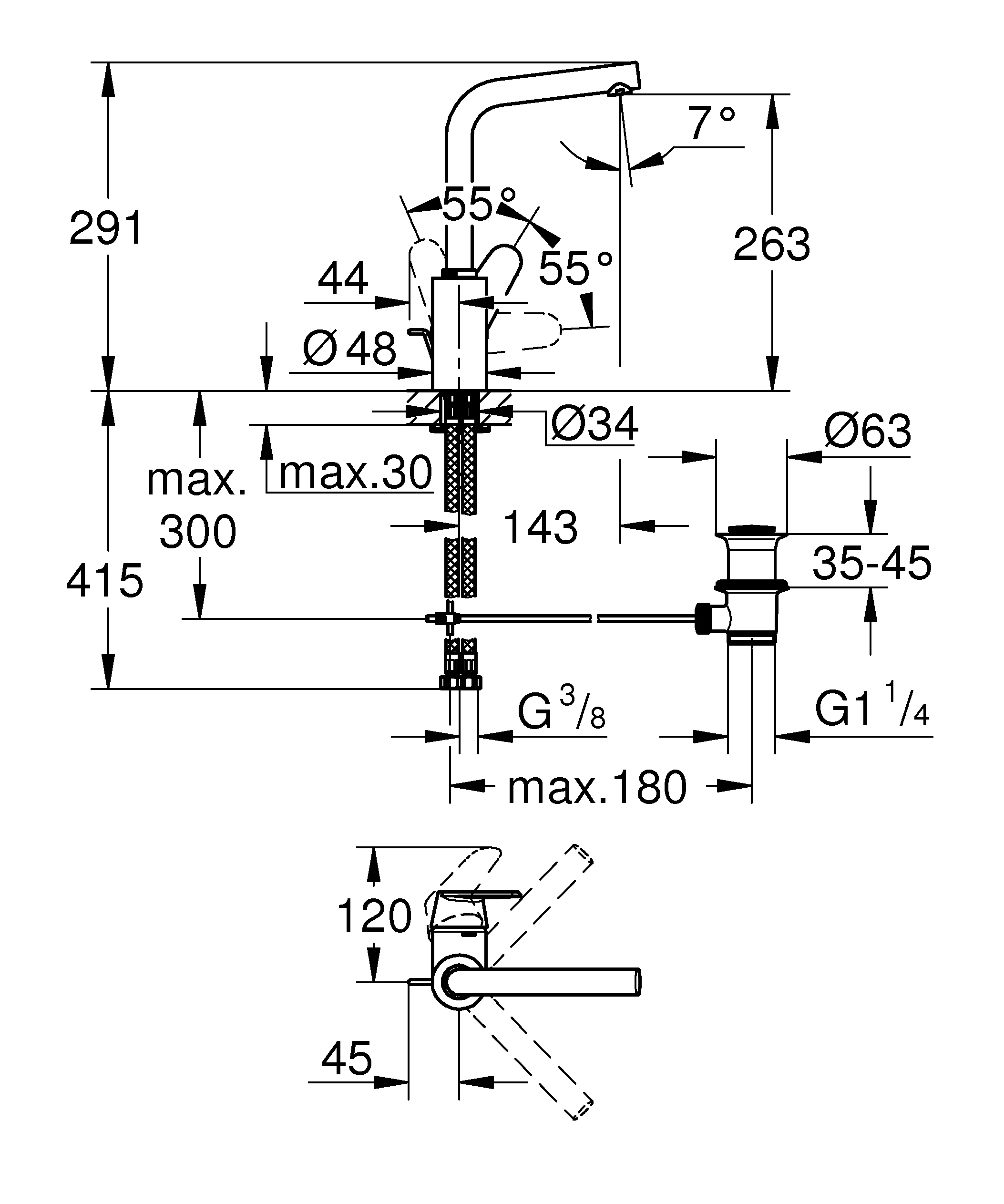 Einhand-Waschtischbatterie Eurodisc Cosmopolitan 23054_3, L-Size, Einlochmontage, getrennte innenliegende Wasserwege – kein Kontakt mit Blei oder Nickel, Zugstangen-Ablaufgarnitur 1 1/4″, chrom