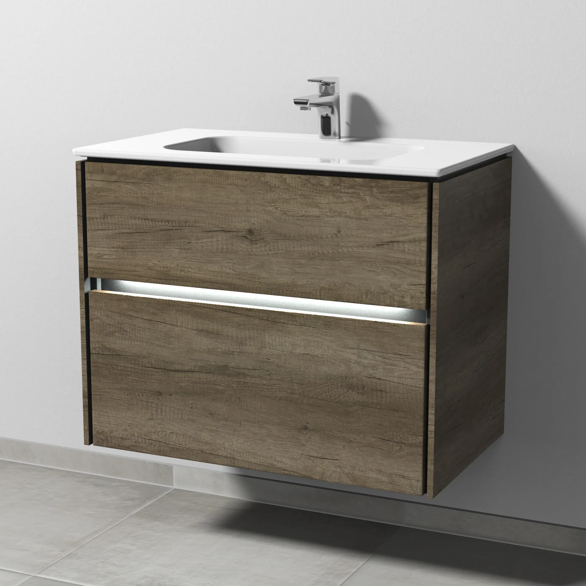 Keramik-Waschtisch-Set mit Waschtischunterschrank „Twiga“ 79 × 46 × 61 cm in Eiche Nebraska, mit Hahnlochbohrung, mit Beleuchtung Keramik-Waschtisch-Set mit Waschtischunterschrank „Twiga“ 79 × 46 × 61 cm in Eiche Nebraska, mit Hahnlochbohrung, mit Beleuchtung