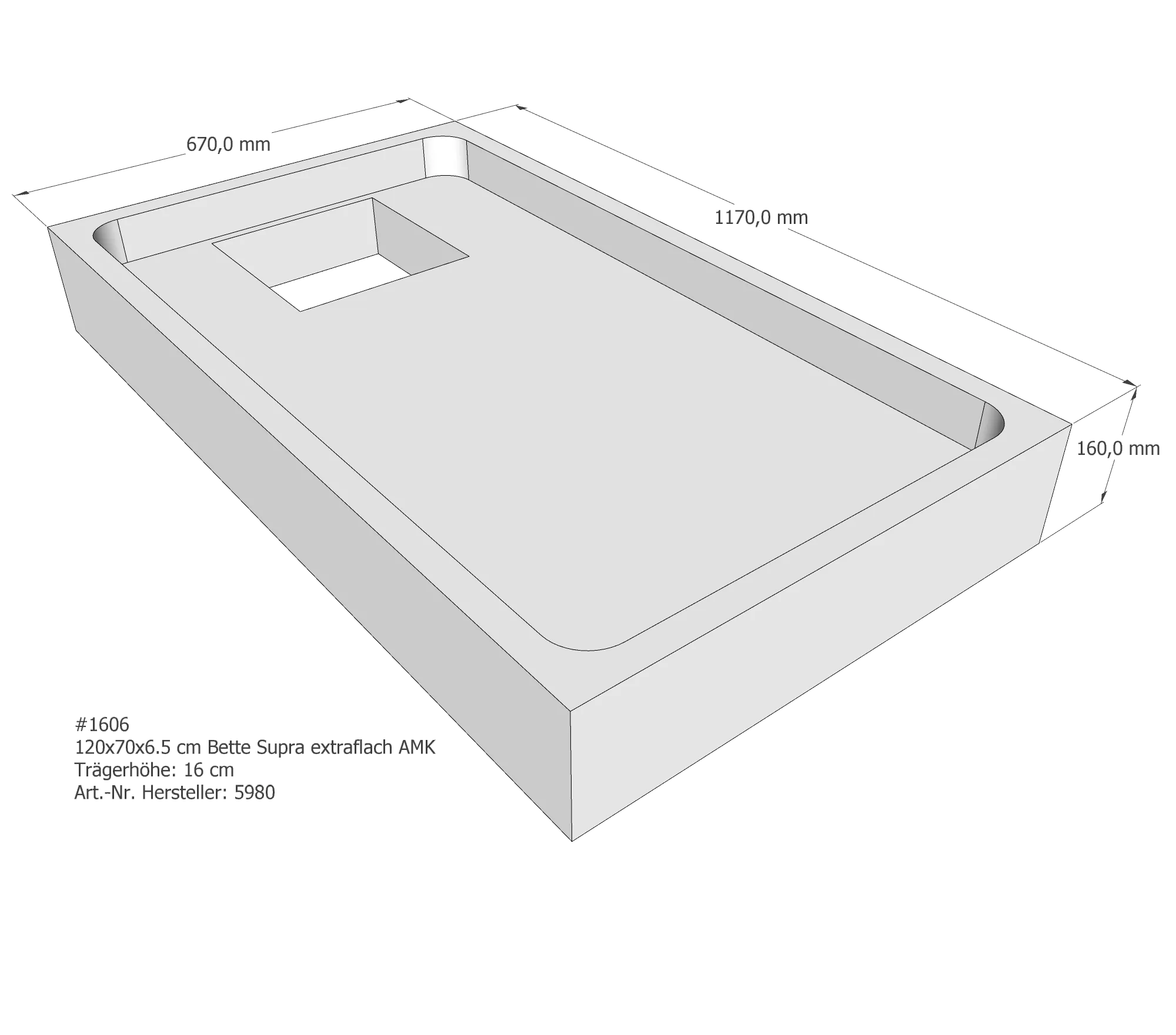 Duschwannenträger für Bette Supra (extraflach) 120 × 70 × 6,5 cm Breite: 70 cm / Länge: 120 cm