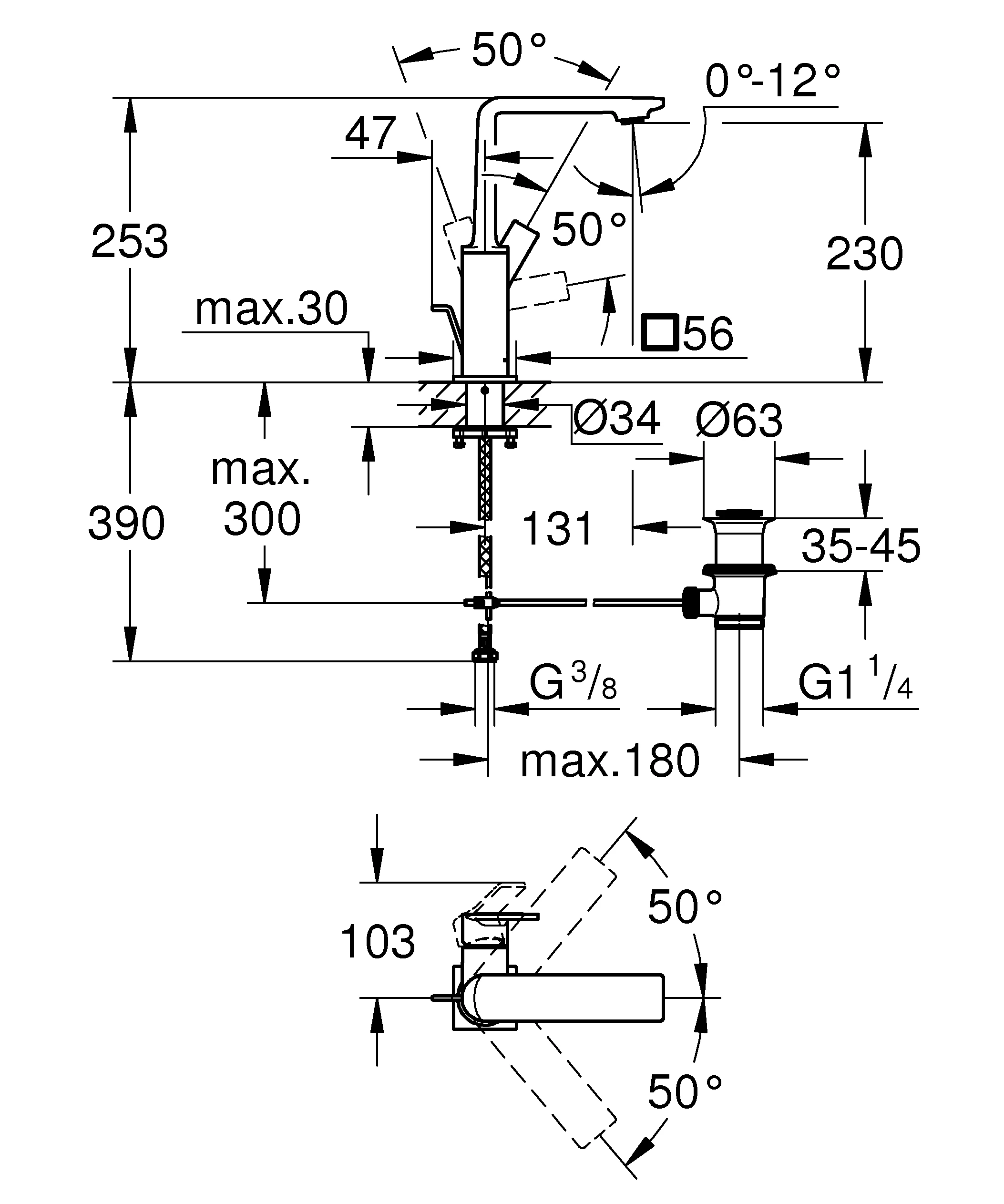 Einhand-Waschtischbatterie Allure 32146, L-Size, Einlochmontage, Zugstangen-Ablaufgarnitur 1 1/4'', chrom