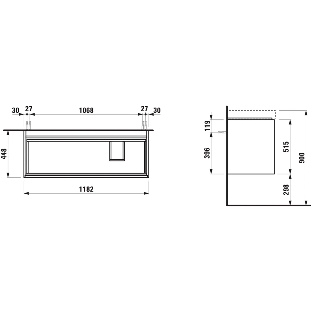 Waschtischunterbau MEDA 448x1182x515 2 Schubladen integrierte Griffleiste für Waschtisch H817119 weiß matt