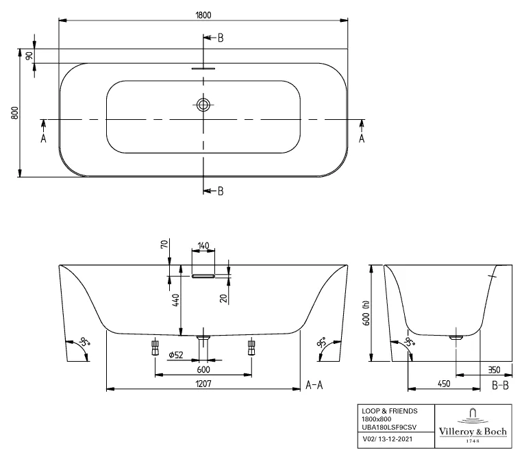 Villeroy & Boch Whirlwanne mit eckiger Innenform „Loop & Friends“ mit Whirlsystem „Airpool Entry“ vorwand rechteck 180 × 80 cm, mittig in Weiß Alpin