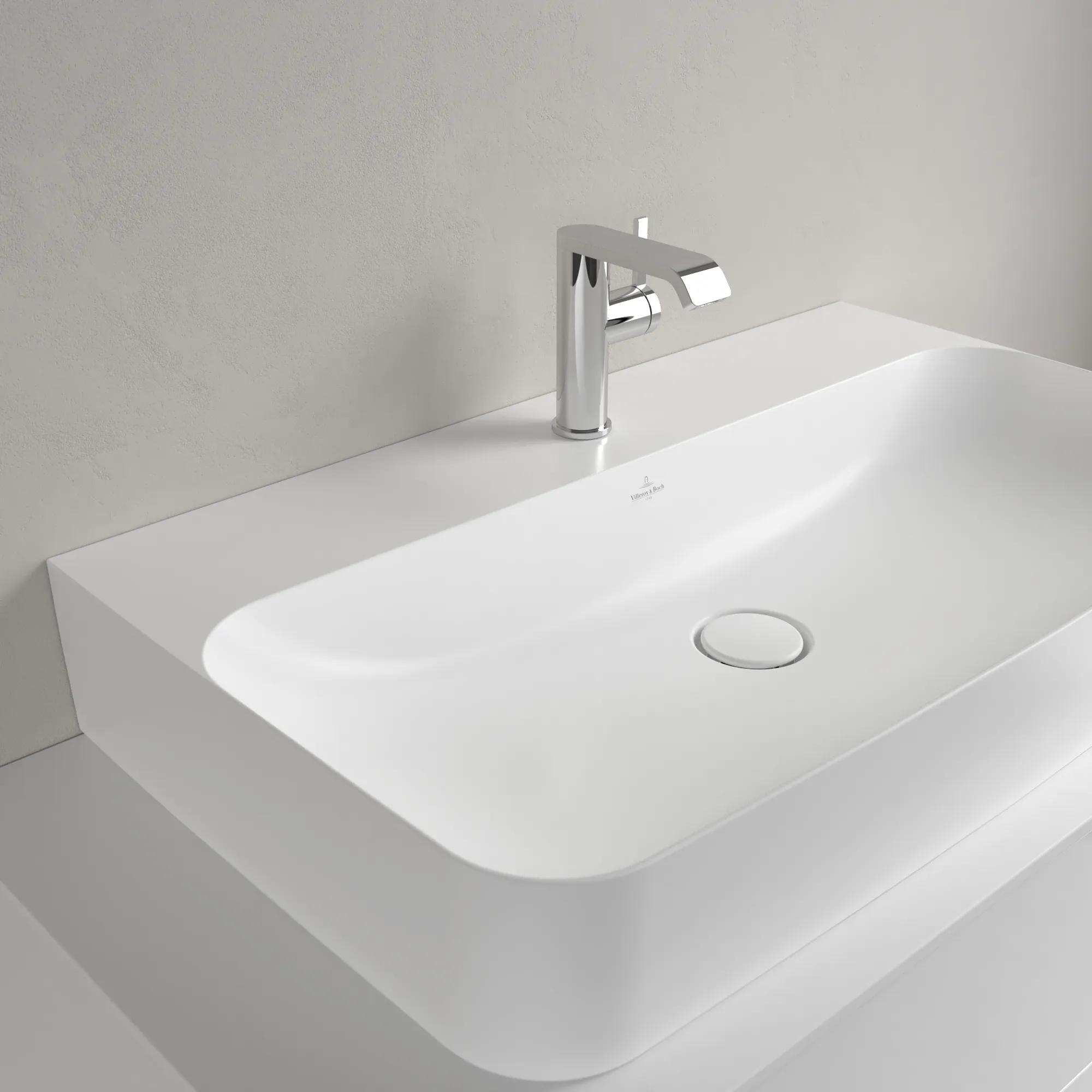 Villeroy & Boch Wandwaschtisch aus TitanCeram geschliffen „Finion“ 800 × 470 × 165 mm, mit Hahnlochbohrung, Hahnlochposition mittig in Stone White, mit CeramicPlus
