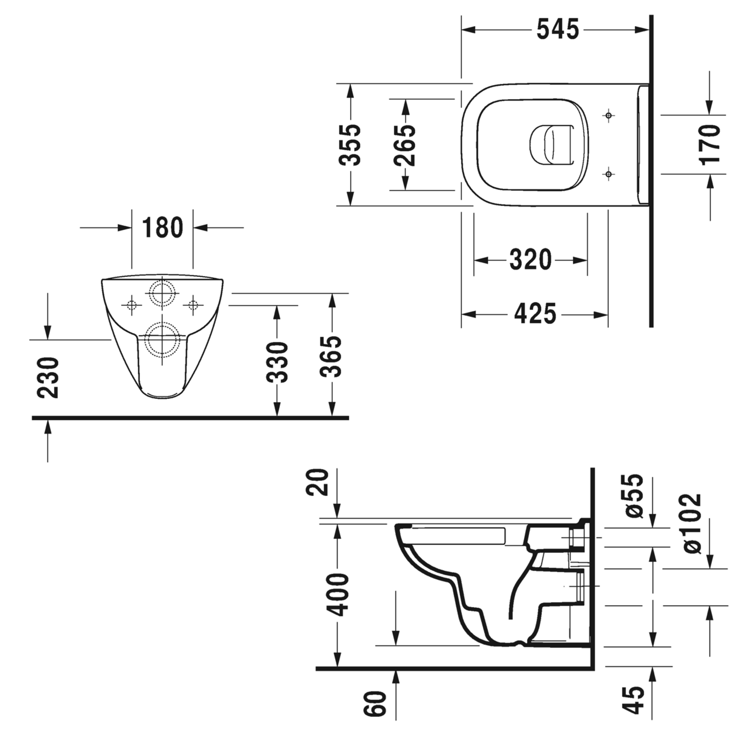 Duravit Wand-Tiefspül-WC inkl. WC-Sitz „D-Code“ 35,9 × 54,5 × 41 cm, Befestigung sichtbar