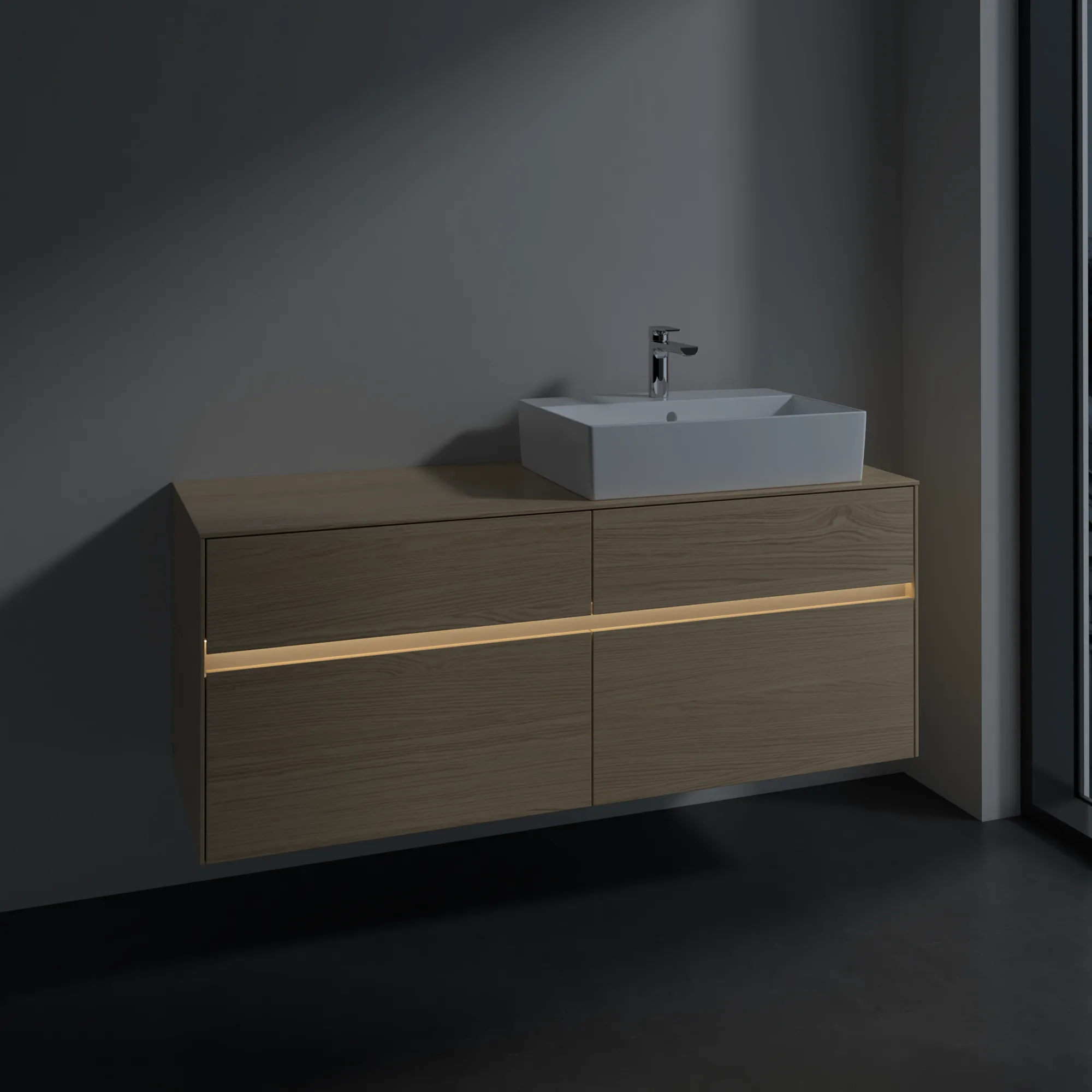 Villeroy & Boch Waschtischunterschrank „Collaro“ 1400 × 548 × 500 mm Nordic Oak, mit Beleuchtung, für Becken rechts Villeroy & Boch Waschtischunterschrank „Collaro“ 1400 × 548 × 500 mm Nordic Oak, mit Beleuchtung, für Becken rechts