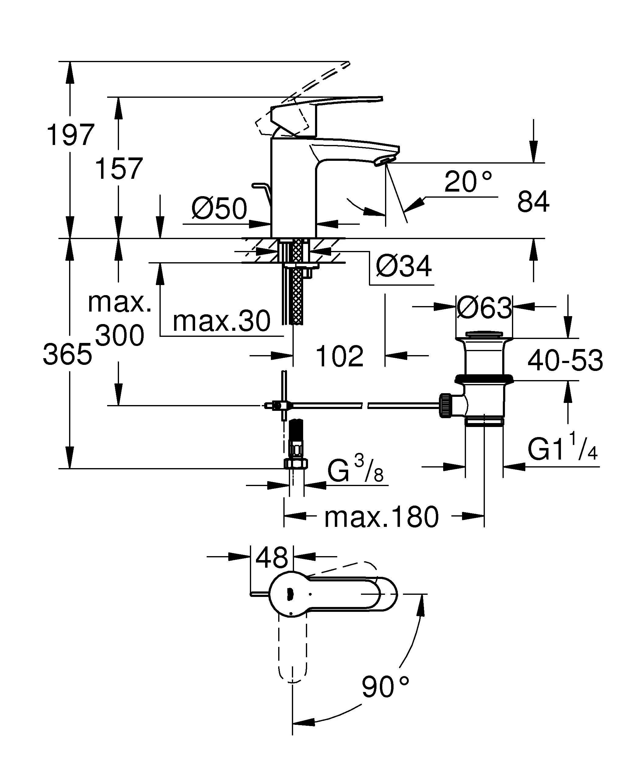 Einhand-Waschtischbatterie Eurostyle Cosmopolitan 23374_2, S-Size, Einlochmontage, Zugstangen-Ablaufgarnitur 1 1/4″, Energie-Spar-Funktion Mittelstellung kalt, chrom