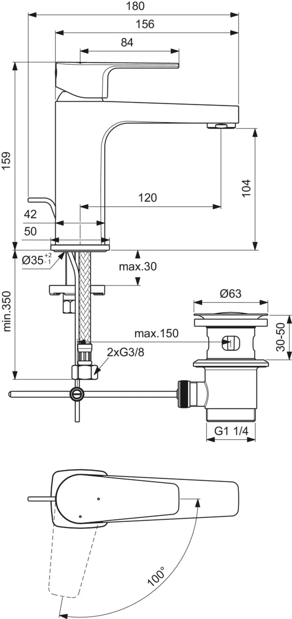 Waschtischarmatur Cerafine D, H105, BlueStart, mit Ablaufgarnitur, Ausladung 120mm, Chrom