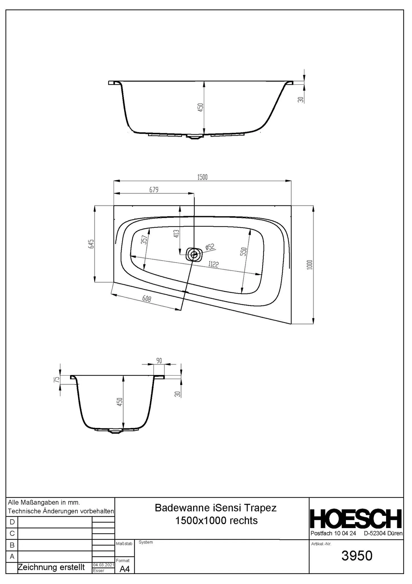 Hoesch iSensi Trapez 1500x1000 rechts weiß, Acryl-Badewanne Hoesch iSensi Trapez 1500x1000 rechts weiß, Acryl-Badewanne