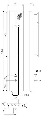 Duschpaneel LINUS Inox DP-C-T-H, Mischwasser, Thermostat, Elektronisch, Selbstschluss, 2 RFV, 2 Vorfilter, Handbrause, verstellbar, Anschlussschlauch, Brausestange, 2x DN 15 G 1/2 AG, B 240 mm x H 1200 mm x T 80 mm, Edelstahl gebürstet