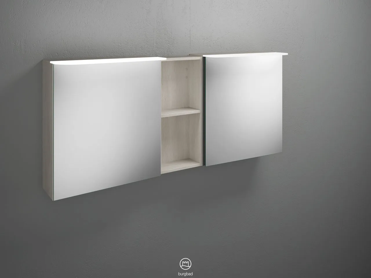 Badu Spiegelschrank SFTY150 von burgbad – 310 mm tief, 1.500 mm breit, 665 mm hoch, beidseitig verspiegelt mit LED-Aufsatzleuchten und Regal Badu Spiegelschrank SFTY150 von burgbad – 310 mm tief, 1.500 mm breit, 665 mm hoch, beidseitig verspiegelt mit LED-Aufsatzleuchten und Regal