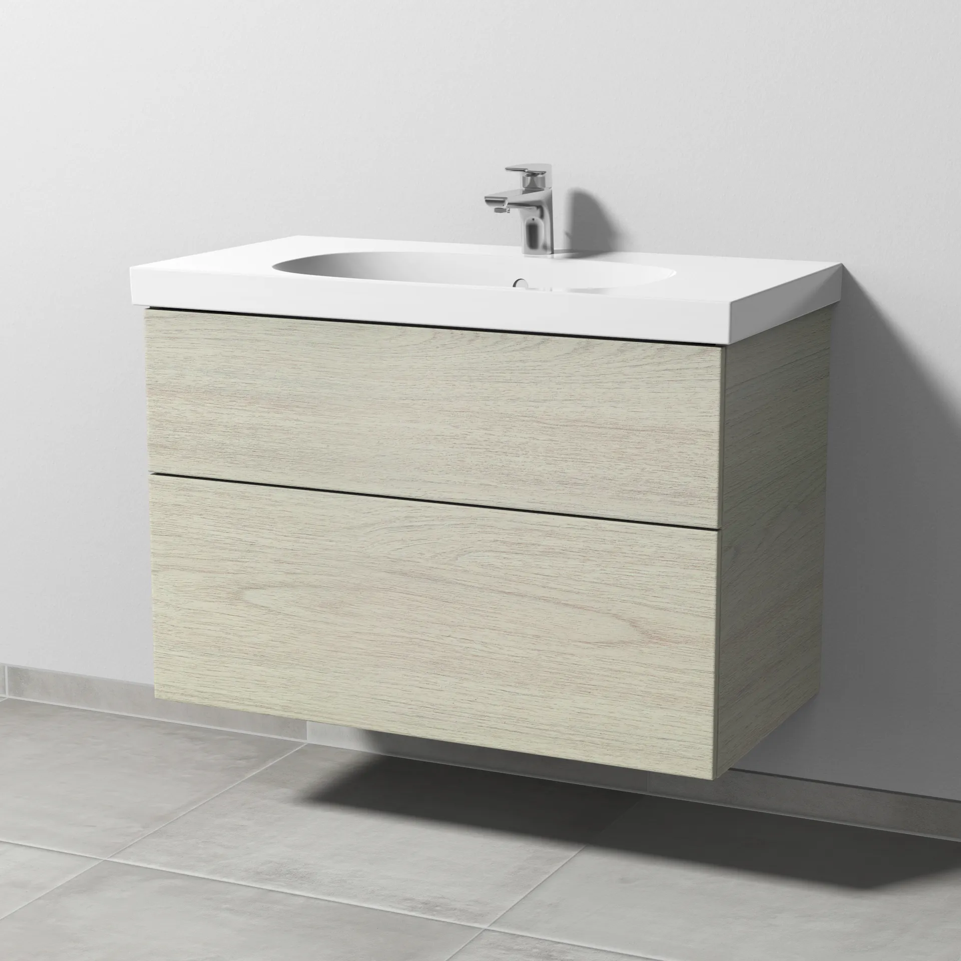 Sanipa Waschtischunterschrank „3way“ passend zu Keramik-Waschtische Acanto von Geberit 870 × 586 × 467 mm in White Oak, mit Hahnlochbohrung, Becken