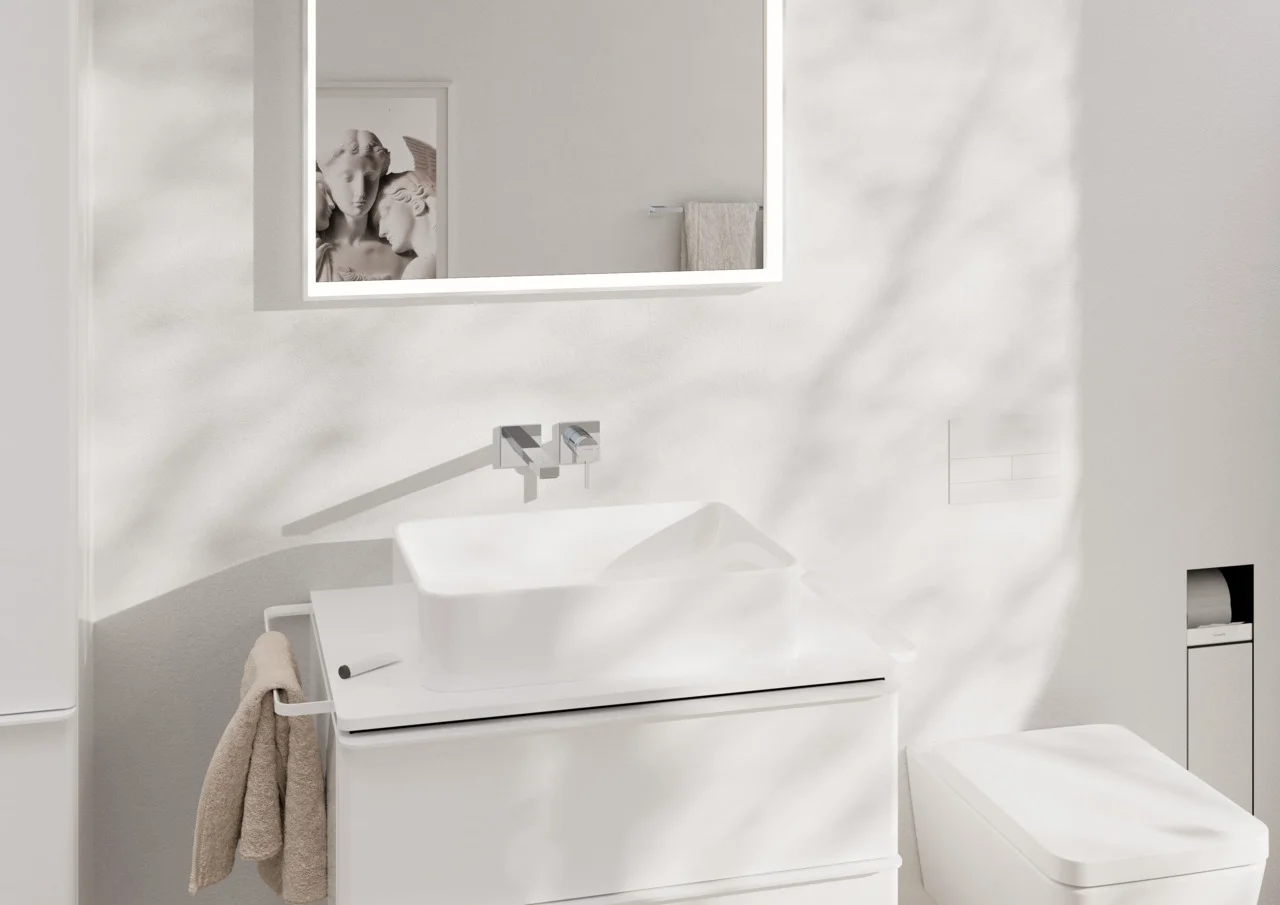 Hansgrohe Xelu Q Konsole, mittiger Ausschnitt für Aufsatzwaschtisch mit Hahnloch, Weiß Hochglanz, Maße: 780 x 540 mm, Materialstärke: 16 mm