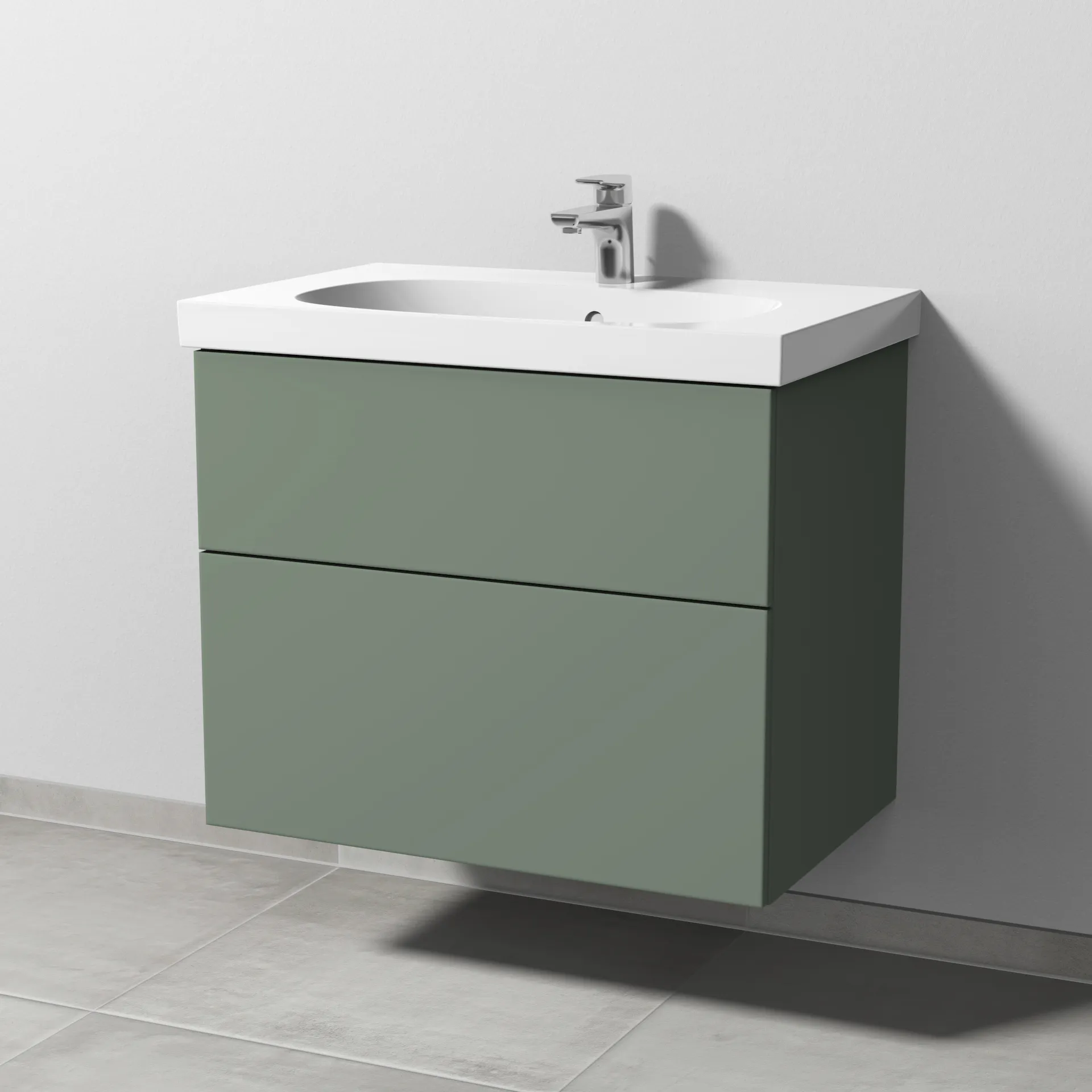 Sanipa Waschtischunterschrank „3way“ passend zu Keramik-Waschtische Acanto von Geberit 720 × 586 × 467 mm in Soft-Green, mit Hahnlochbohrung, Becken