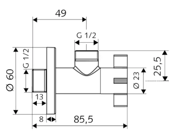 Design-Eckventil mit Regulierfunktion 4WING, Schubrosette Ø 60 mm, DN 15 G 1/2 AG, DN 15 G 1/2 AG, chrom