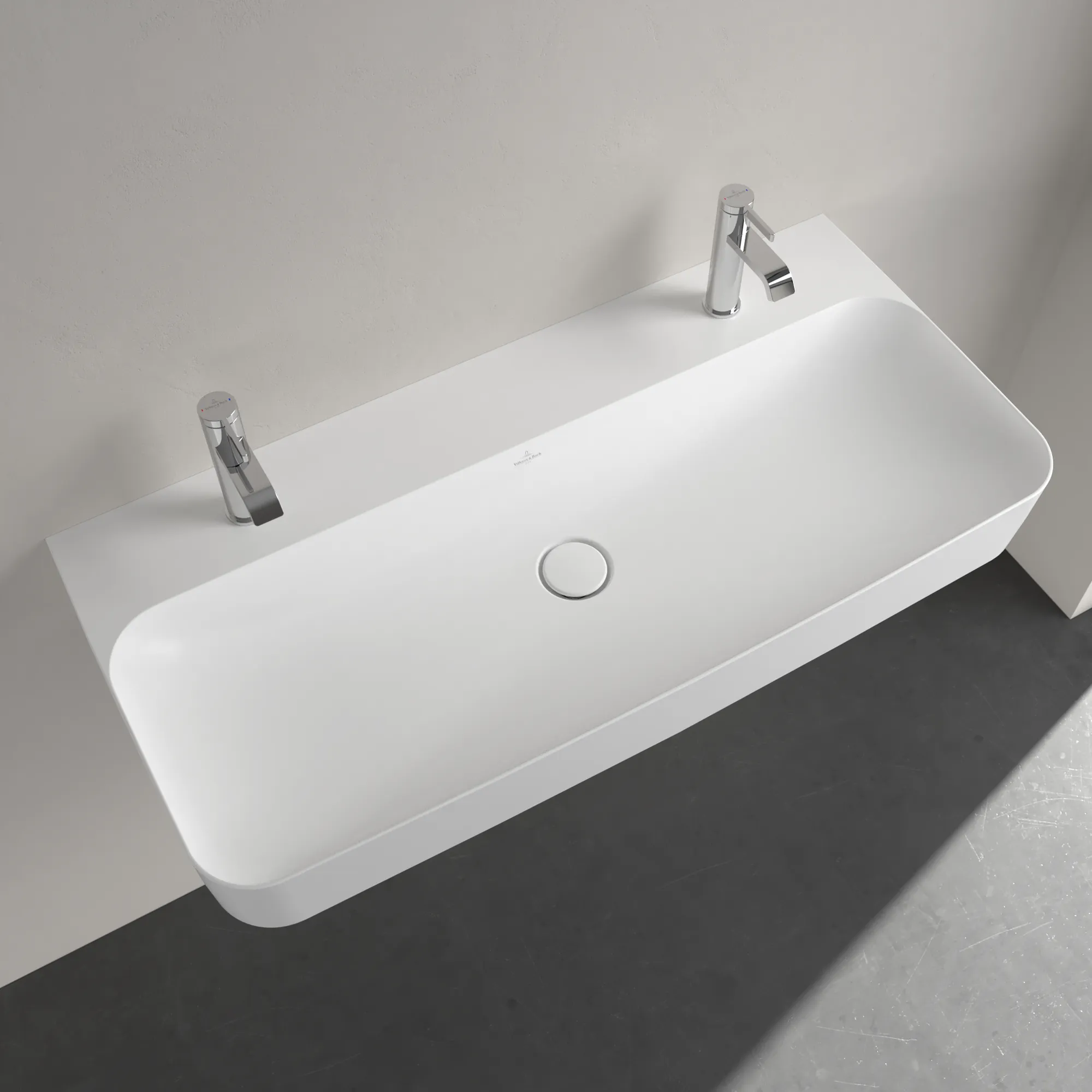 Villeroy & Boch Wandwaschtisch aus TitanCeram „Finion“ 1000 × 470 × 165 mm, Hahnlochposition links und rechts, mit Hahnlochbohrung in Stone White, mit CeramicPlus Villeroy & Boch Wandwaschtisch aus TitanCeram „Finion“ 1000 × 470 × 165 mm, Hahnlochposition links und rechts, mit Hahnlochbohrung in Stone White, mit CeramicPlus